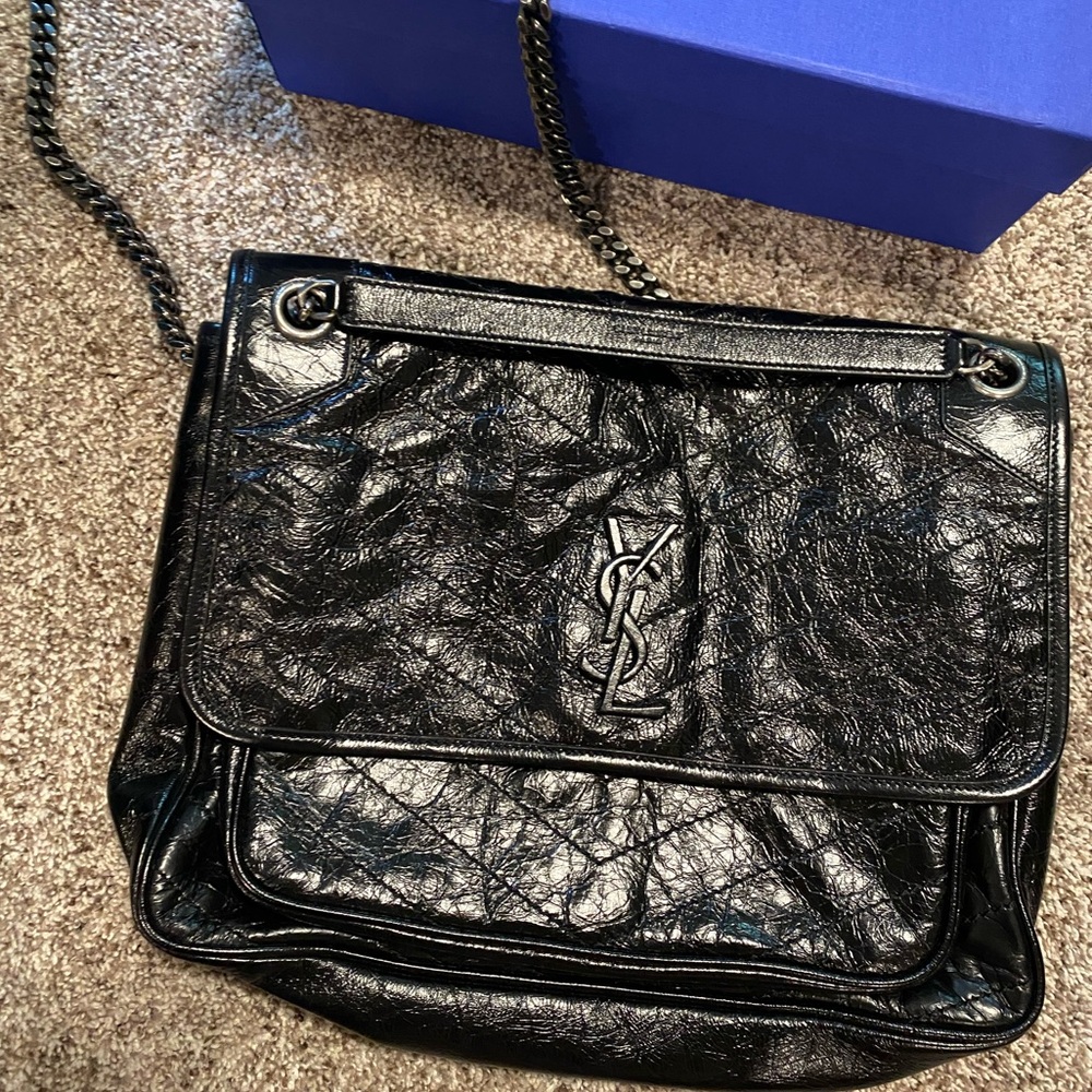 Yves Saint Laurent Black Shoulder Bag with Glossy Leather MEDIUM